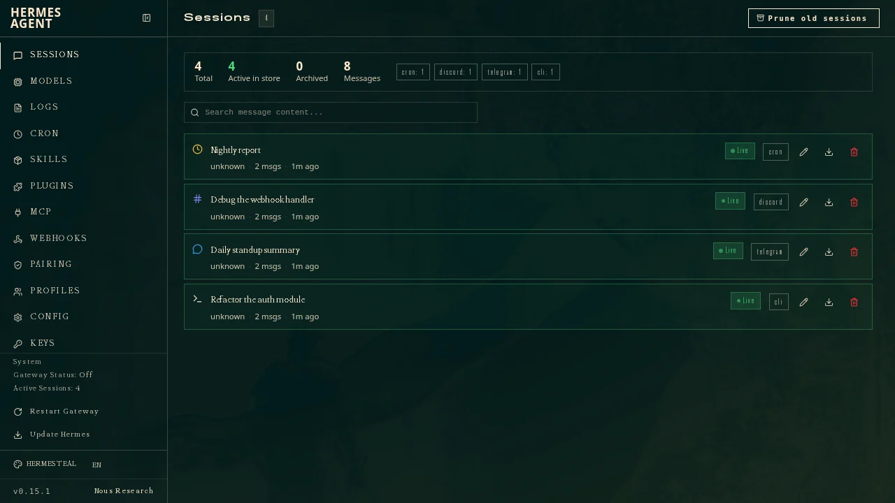 Vue officielle des sessions Hermes Agent actives sur cron, Discord, Telegram et CLI